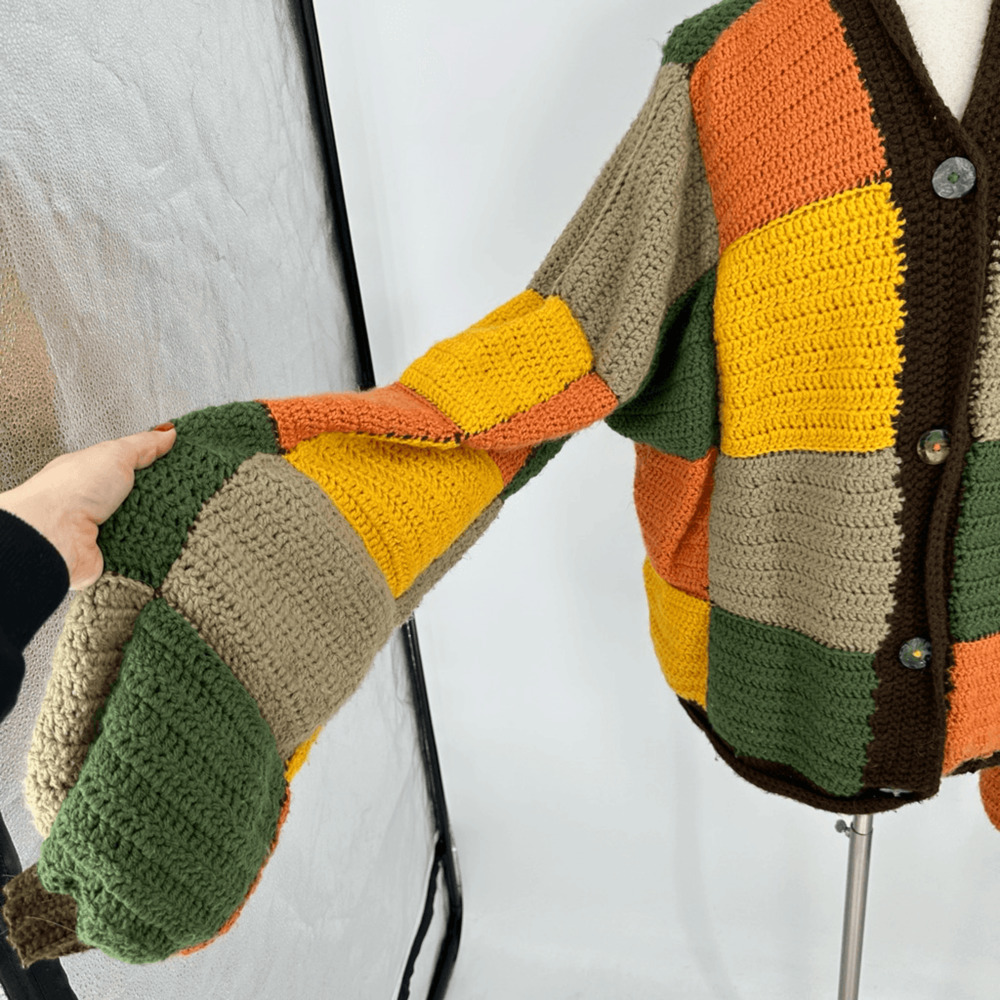 90s Hippie Hand Knit Cardigan Sweater Womens L Harry Styles Pattern Patchwork - Picture 10 of 10